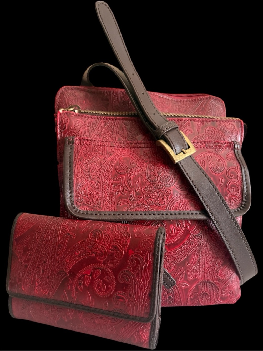 Relic Deep Red Paisley Embossed Faux Leather Crossbody Bag with Matching Wallet